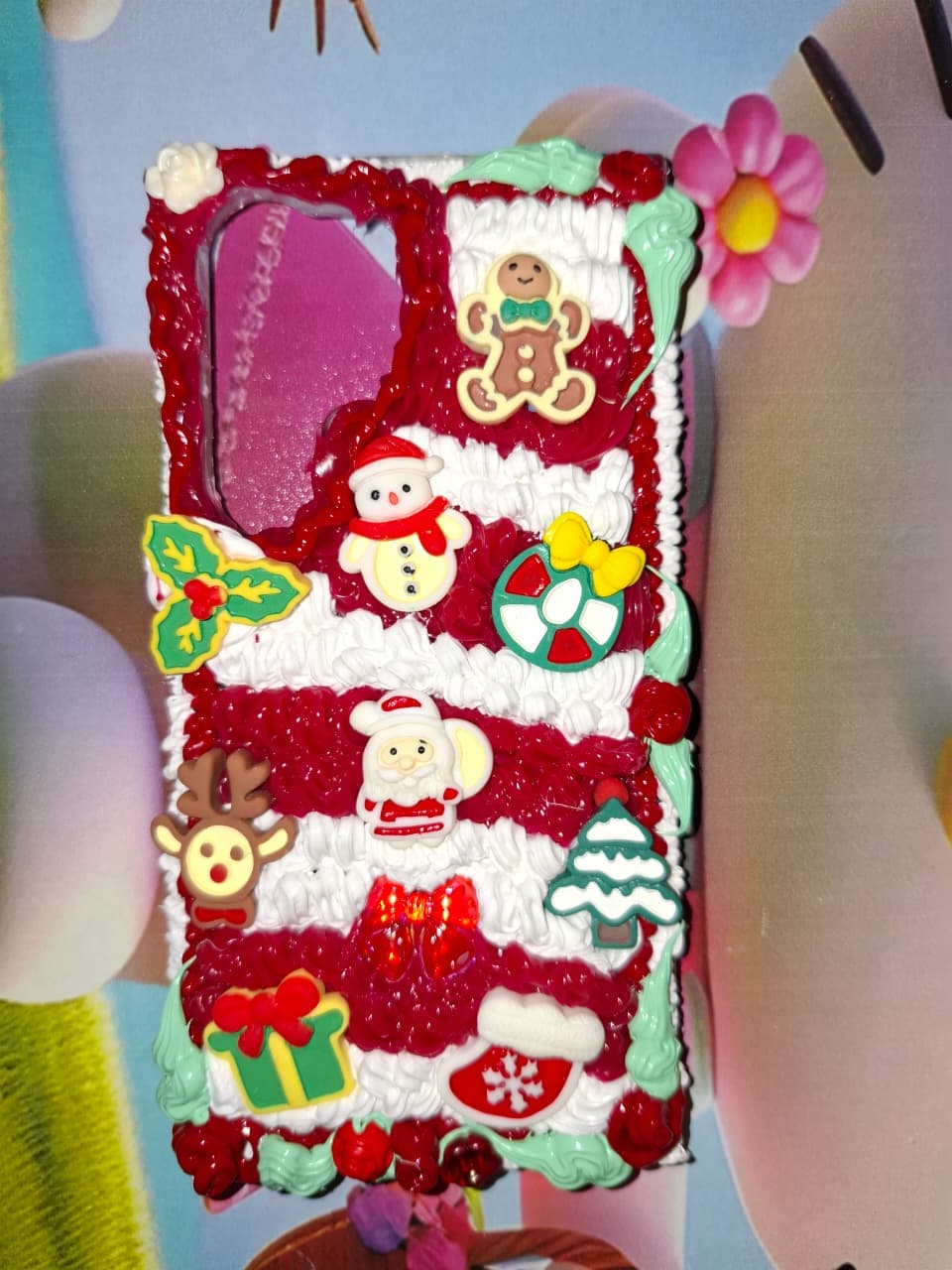 Red and white Christmas-themed decoden phone case, handmade